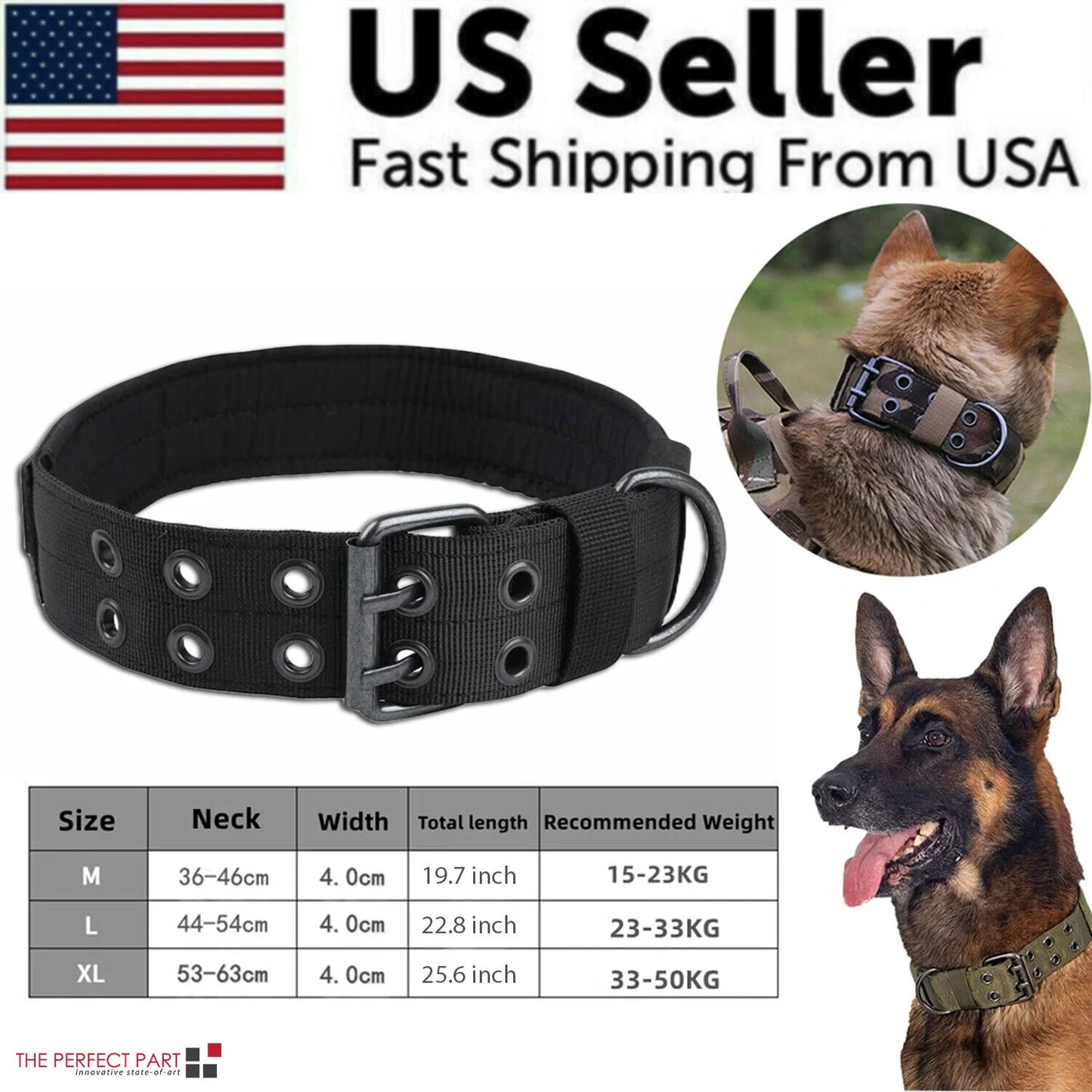 2" Wide Tactical Heavy Duty Nylon Large Dog Collar K9 Military with Metal Buckle