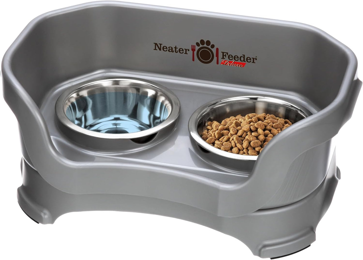 Neater Feeder Deluxe Mess Proof Dog Bowls Elevated for Small Breeds – Made in USA – No Spill Raised Dog Food Bowl Stand – Stainless Steel Dog Food and Water Bowl Set – Non-Tip & Non-Skid – Grey