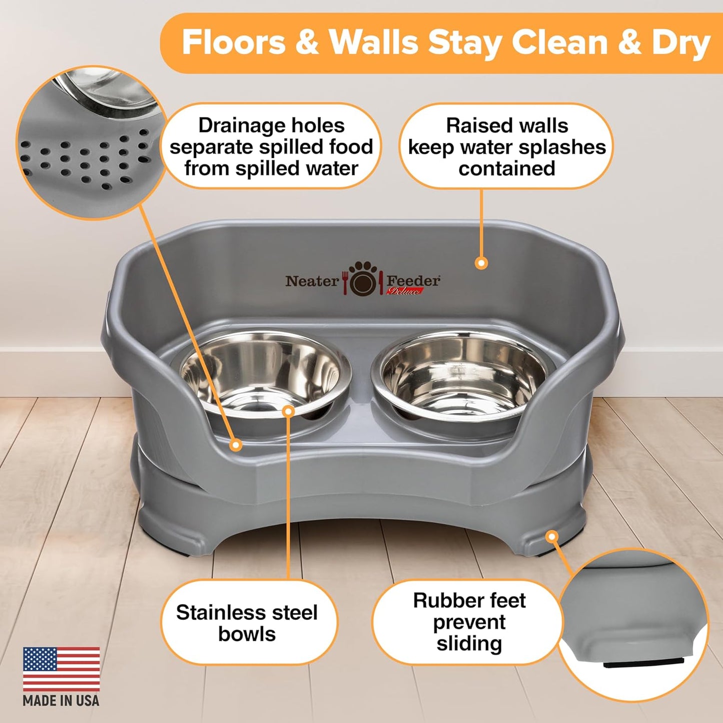 Neater Feeder Deluxe Mess Proof Dog Bowls Elevated for Small Breeds – Made in USA – No Spill Raised Dog Food Bowl Stand – Stainless Steel Dog Food and Water Bowl Set – Non-Tip & Non-Skid – Grey