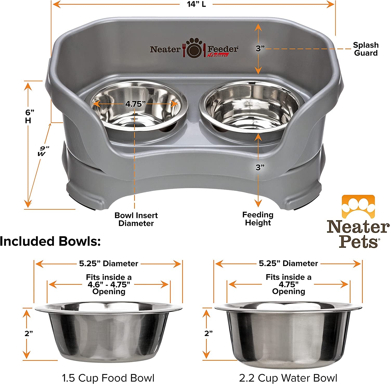 Neater Feeder Deluxe Mess Proof Dog Bowls Elevated for Small Breeds – Made in USA – No Spill Raised Dog Food Bowl Stand – Stainless Steel Dog Food and Water Bowl Set – Non-Tip & Non-Skid – Grey